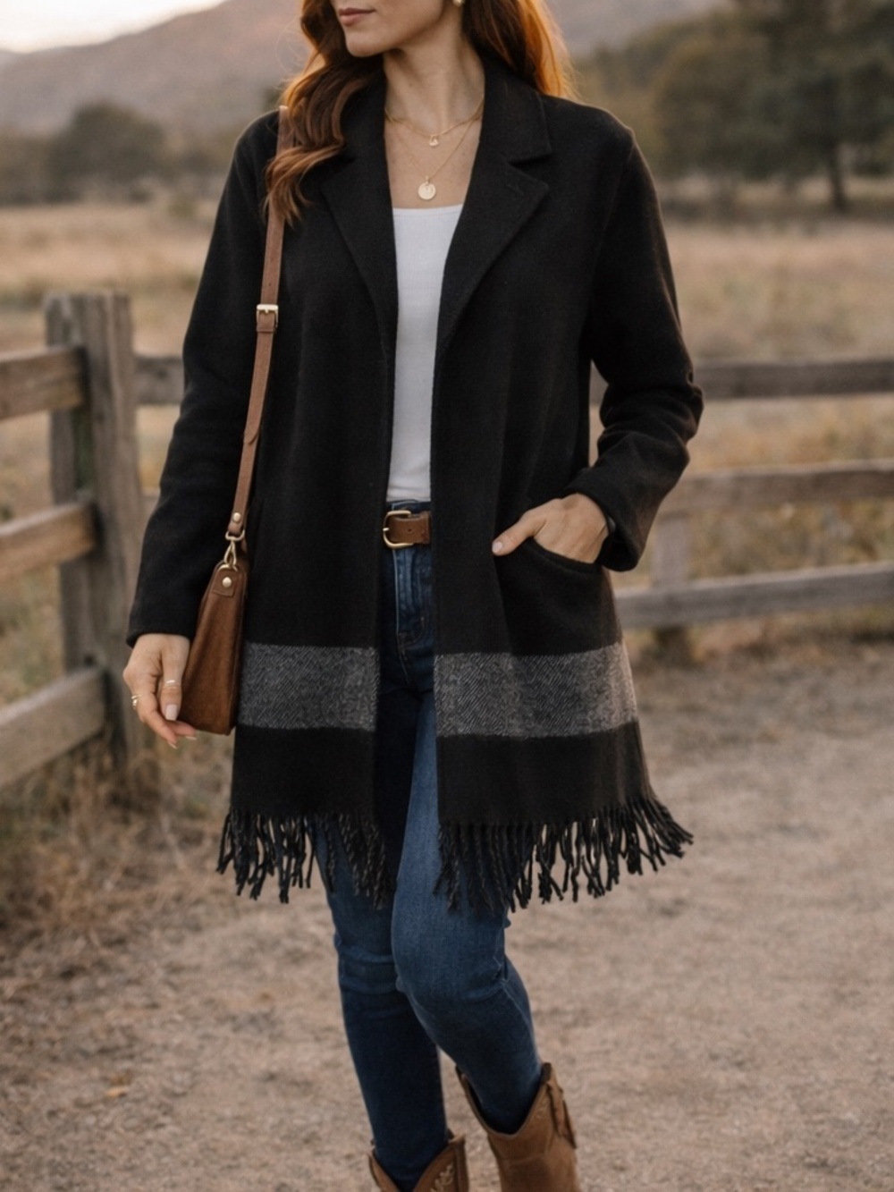 Tahari Wool Blend Fringe Coat Jacket Snap Front Black Gray Size M